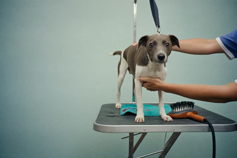 Dog on a grooming table with a brush and towel beside it, hands steadying it