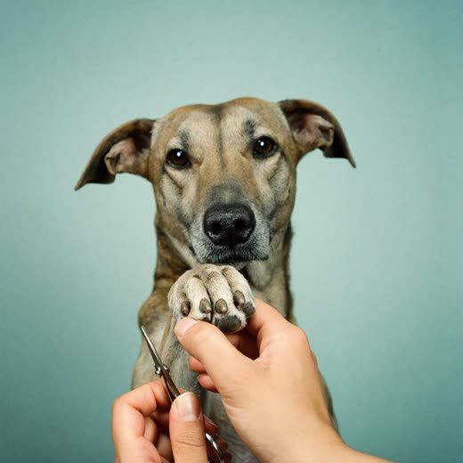 A dog's paw held in a hand while its nails are clipped